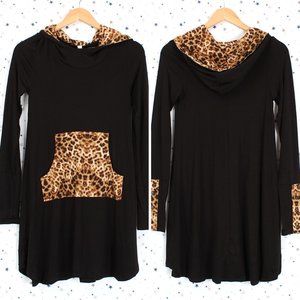 Leopard Print Hoodie Tunic Sweatshirt Black